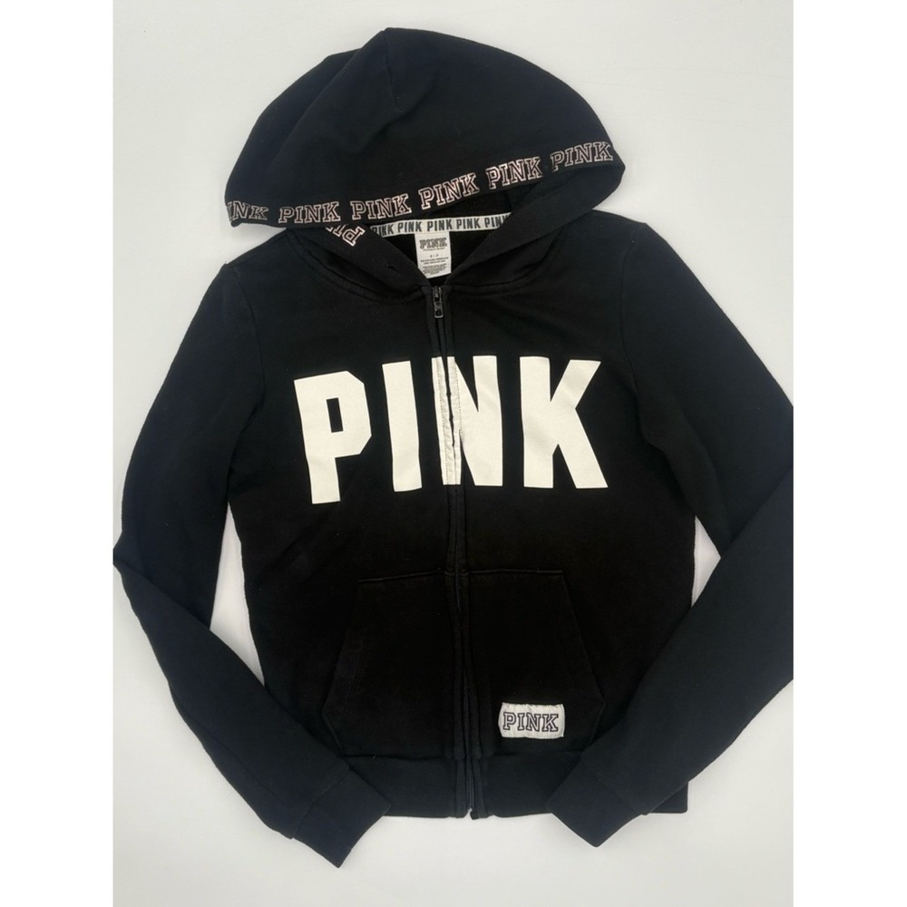 Victoria's Secret PINK Black Zip Up Hoodie Logo Graphic Size Small